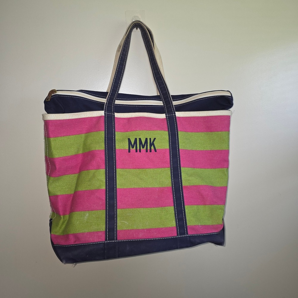 Vintage L.L Bean Boat & Tote Large Zip Top Canvas Bag Pink Green Stripe USA